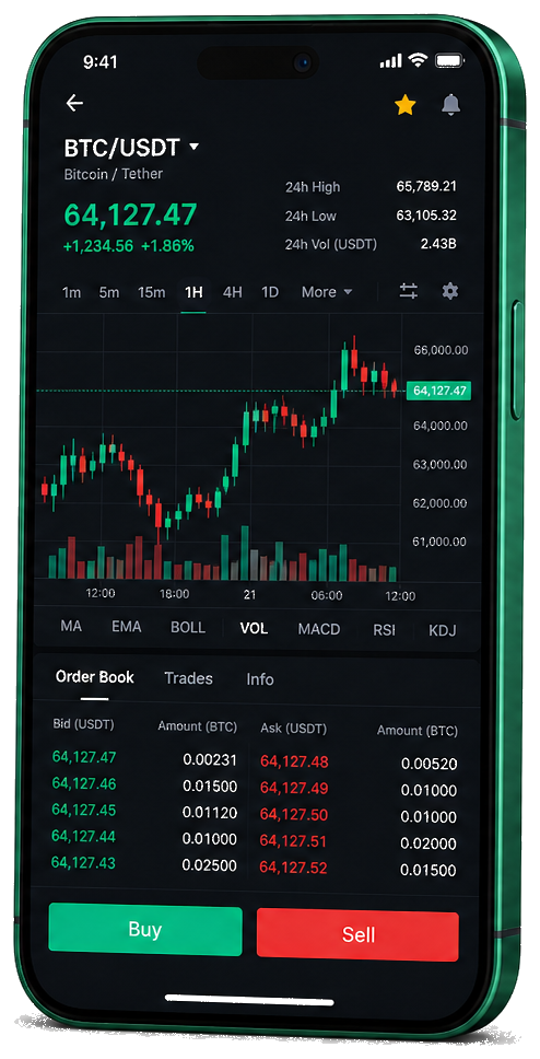 Interface mobile de trading Swaptairis — cours BTC/USDT en direct, carnet d’ordres et outils de surveillance des opérations